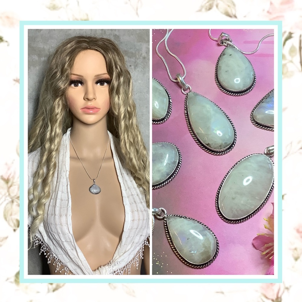🎀 MOONSTONE NECKLACE NATURAL 925 STERLING SILVER BOHO CHIC 18” SNAKE CHAIN GEM